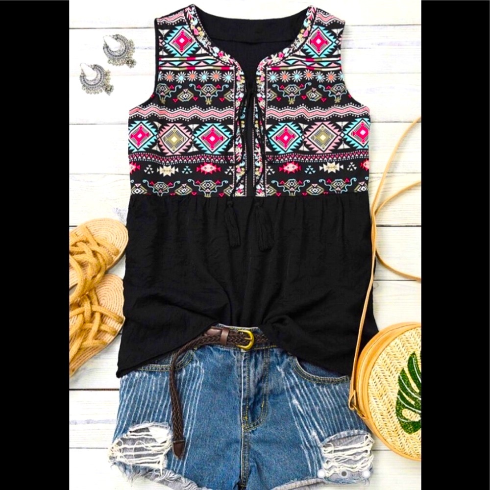 💋Aztec Geometric Graphic W/Drawstrings W/Tassels Raffle Sleeveless Tank Top